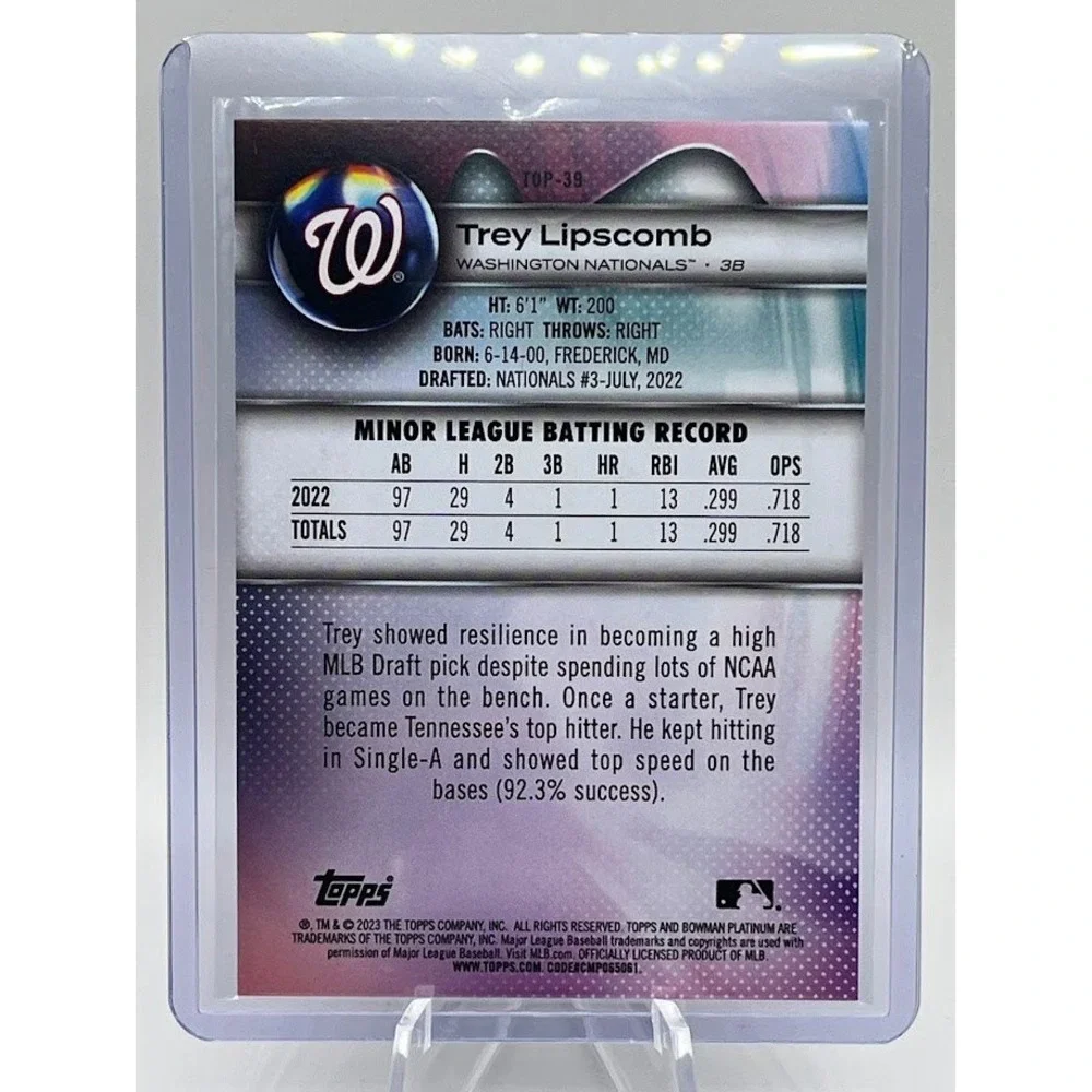 Trey Lipscomb 2023 Topps Bowman Platinum TOP-39 MLB Washington Nationals